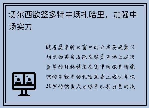 切尔西欲签多特中场扎哈里，加强中场实力