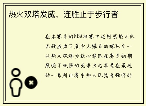 热火双塔发威，连胜止于步行者